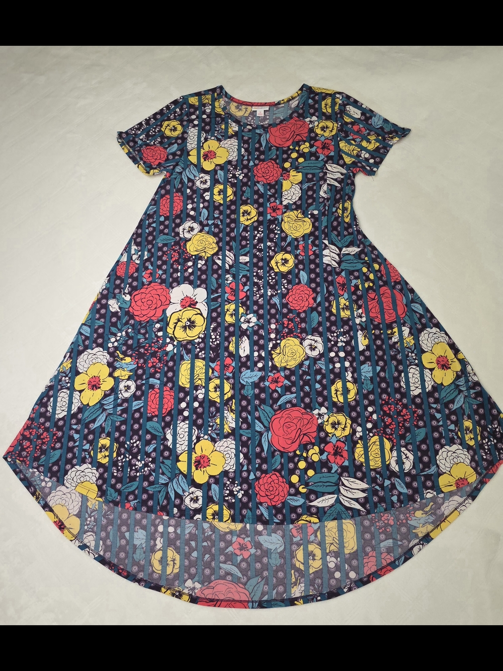 LuLaRoe Navy Floral Swing Dress with Pink, Yellow & Teal Accents